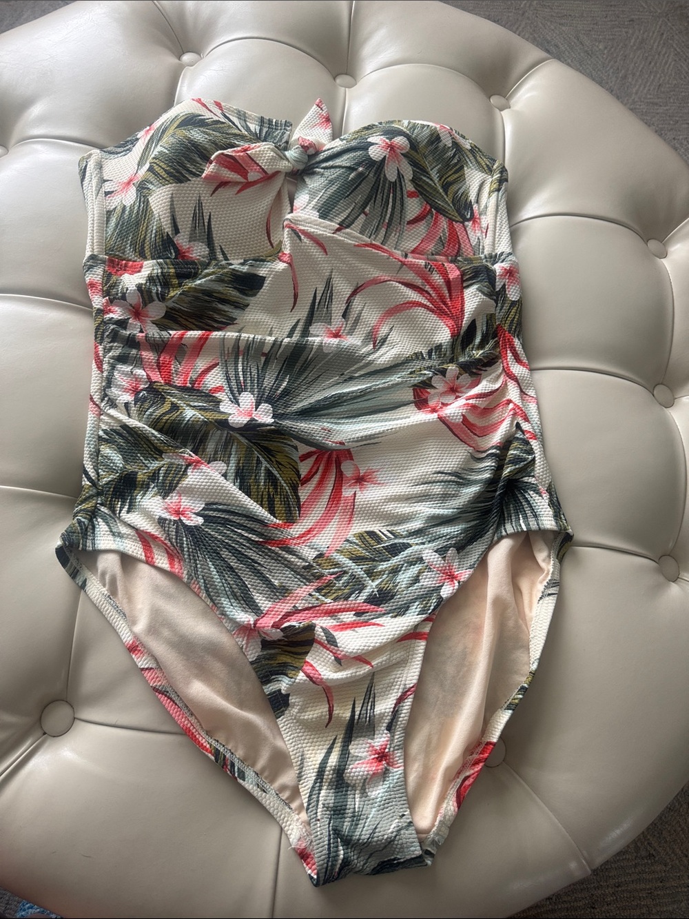 Kona Sol Strapless Tropical Floral One-Piece in White, Pink & Green